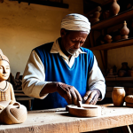 A skilled Cape Verdean artisan, fully clothed in modest, traditional attire, meticulously carving a wooden figurine in a sunlit, rustic workshop. The artisan's hands are well-formed, demonstrating perfect anatomy and natural body proportions, focused on the intricate details. Surrounding the workspace are various tools and unfinished wooden sculptures, reflecting the natural, earthy tones of the materials. This scene is appropriate content, professional, family-friendly, and safe for work.