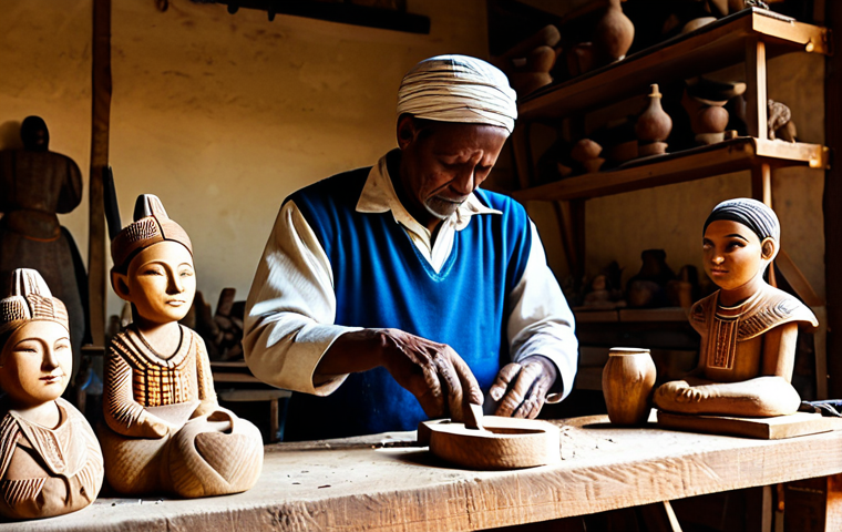 A skilled Cape Verdean artisan, fully clothed in modest, traditional attire, meticulously carving a wooden figurine in a sunlit, rustic workshop. The artisan's hands are well-formed, demonstrating perfect anatomy and natural body proportions, focused on the intricate details. Surrounding the workspace are various tools and unfinished wooden sculptures, reflecting the natural, earthy tones of the materials. This scene is appropriate content, professional, family-friendly, and safe for work.