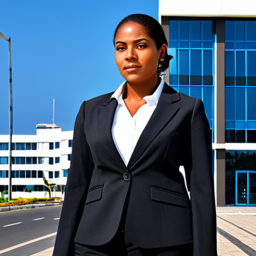 Home 6 Business Professional in Praia**
"A professional businesswoman in a modest tailored business suit, standing in front of a modern office building in Praia, Cabo Verde, fully clothed, appropriate attire, safe for work, perfect anatomy, correct proportions, professional photography, high quality, bright daylight, office environment."
**
